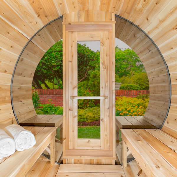 Canadian Timber Serenity MP Barrel Sauna | Dundalk Leisurecraft Porch Model