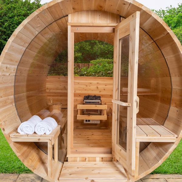 Canadian Timber Serenity MP Barrel Sauna | Dundalk Leisurecraft Porch Model